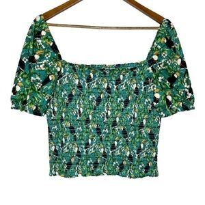 New‎ Anthropologie Dolan Left Coast Smocked Puff Sleeve Toucan Bird Print Top